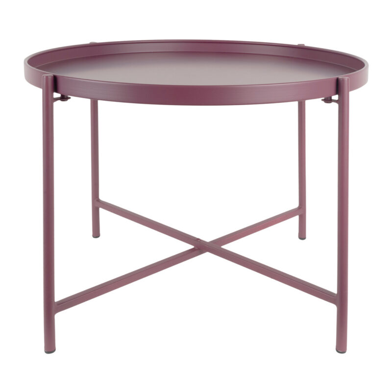 Tavolino in metallo malva scuro Present Time: design moderno, bordo rialzato e struttura leggera. Perfetto come tavolino laterale, da salotto o d’ingresso.