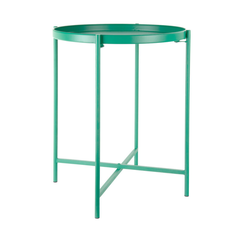 Tavolino in metallo verde Present Time: design moderno, bordo rialzato e struttura leggera. Perfetto come tavolino laterale, da salotto o d’ingresso.