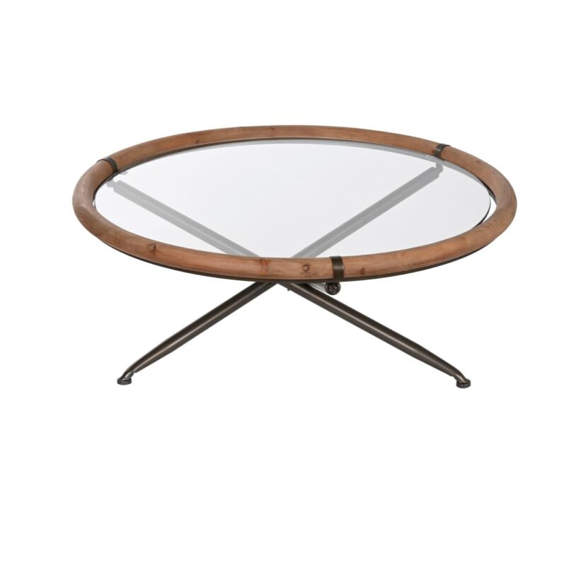 Tavolino rotondo in vetro con bordo in legno e struttura in metallo: design moderno, materiali di qualità e stile versatile per salotti contemporanei.