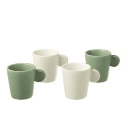 Set 4 tazzine in ceramica verde e bianca J‑Line: design moderno, manico circolare e stile contemporaneo per una tavola elegante.