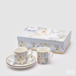 Coppia tazzine da caffè Fiori Azzurri EDG in porcellana: decoro floreale pastello, piattini coordinati e confezione regalo. Eleganza romantica e fresca.