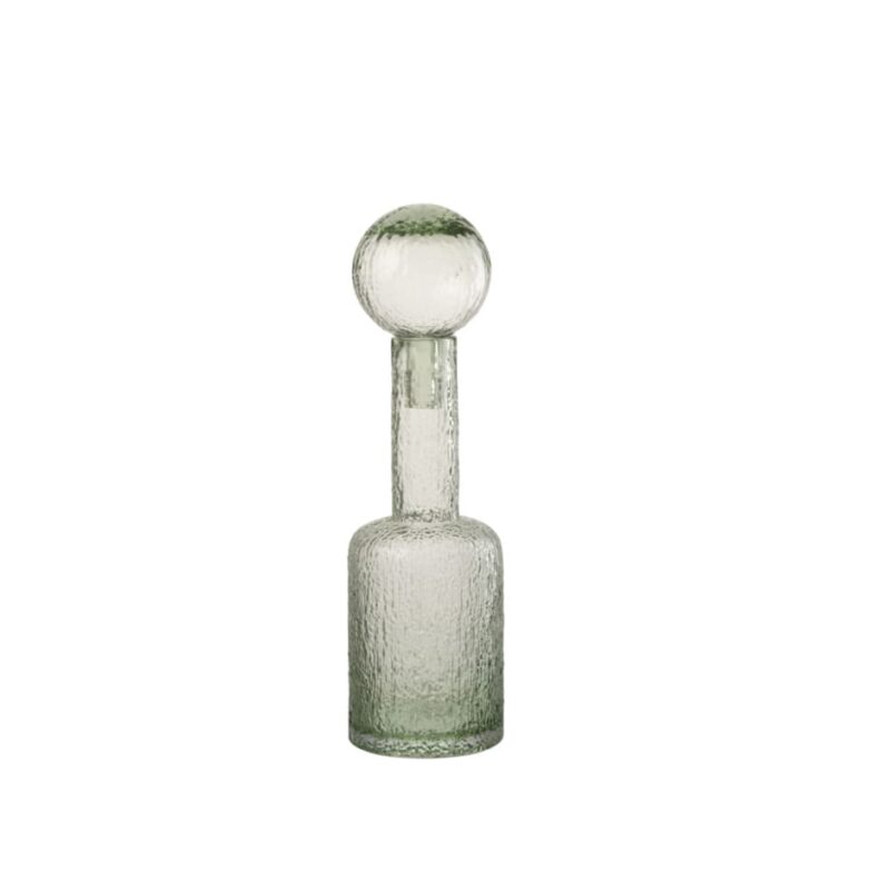 Vaso bottiglia in vetro grigio con tappo sferico: design moderno, texture elegante e stile minimal per decorare ogni ambiente.