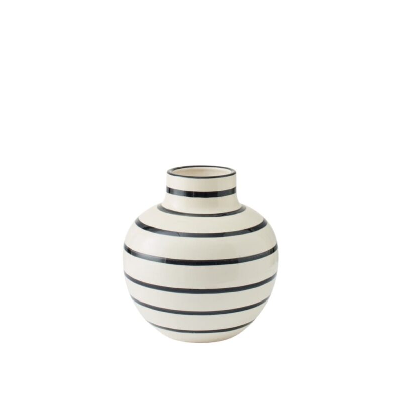 Vaso a righe bianche e nere J‑Line: ceramica moderna, design minimal e versatile, ideale per decorare con eleganza ogni ambiente.