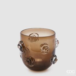 Vaso in vetro marrone EDG con rose in rilievo: design artistico, vetro fumé e texture tridimensionale. Elegante come centrotavola o complemento decorativo.