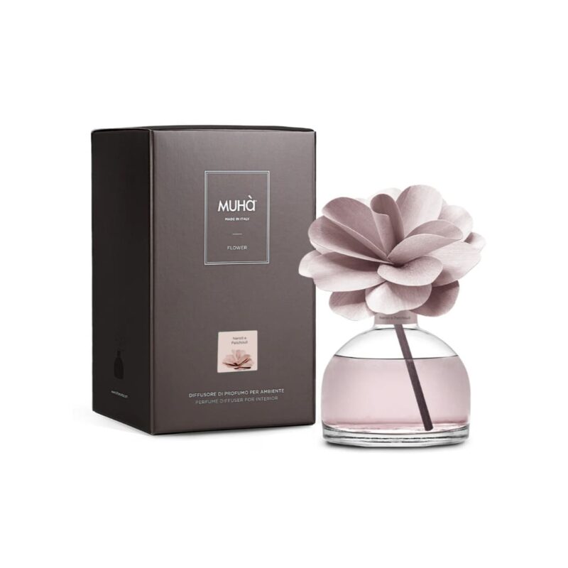 Diffusore Camelia MUHÀ 200 ml Neroli e Patchouli: fiore in legno, profumazione intensa e sensuale, ideale per ambienti piccoli e medi.