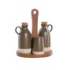 Ménage verde con base in acacia. Set elegante per condimenti, perfetto per cucina e tavola. Design moderno e naturale.
