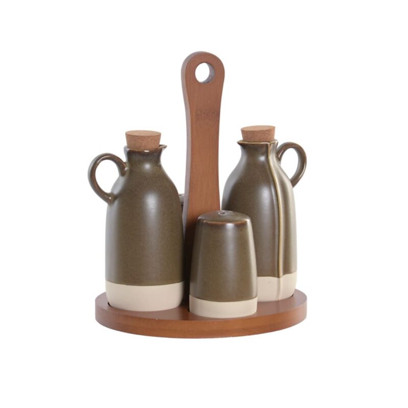 Ménage verde con base in acacia. Set elegante per condimenti, perfetto per cucina e tavola. Design moderno e naturale.