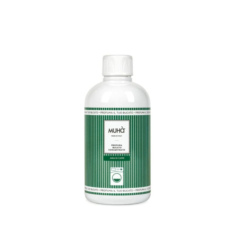 Profuma Bucato MUHÀ Aria di Capri 400 ml: fragranza fresca e mediterranea, intensa e duratura. Dona ai tessuti un profumo pulito, luminoso e rilassante.