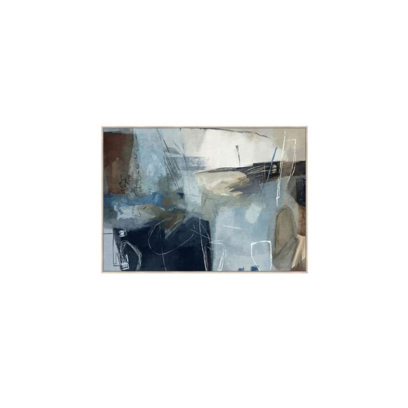 Quadro astratto 140×100 con rilievi acrilici e cornice in legno. Toni blu e neutri per arredare con stile moderno e raffinato.