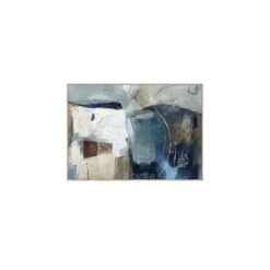 Quadro astratto 140×100 con rilievi acrilici e cornice in legno. Toni blu e neutri per arredare con stile moderno e raffinato.