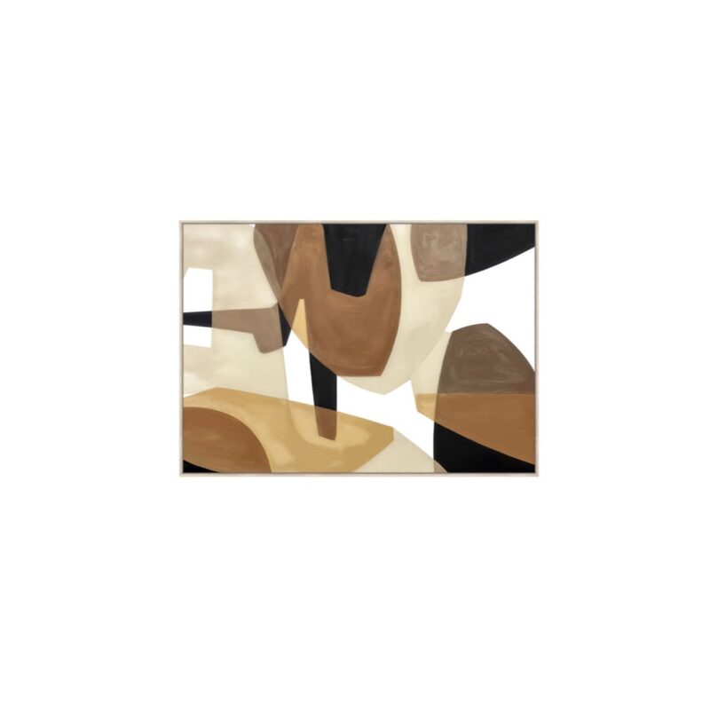 Quadro astratto 100×140 con rilievi acrilici e cornice in legno. Toni naturali e forme organiche per arredare con eleganza moderna.