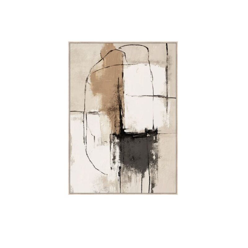 Quadro astratto 100×140 con cornice in legno. Toni neutri e texture moderne per arredare salotti, ingressi e uffici con eleganza contemporanea.