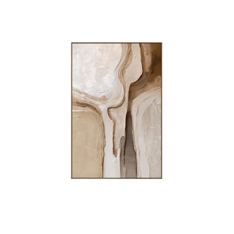 Quadro astratto 100×150 con cornice in legno. Toni naturali e forme fluide per arredare salotti, ingressi e uffici con eleganza contemporanea.