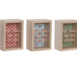 Salvadanaio in legno con vetro e scritta motivazionale. Design moderno, ideale come decorazione o idea regalo. Disponibile in più fantasie.