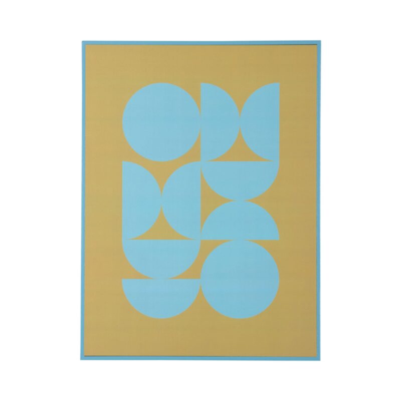 Quadro astratto moderno 30×40 cm Present Time con cornice in MDF: design geometrico azzurro e giallo, elegante e resistente. Perfetto per ambienti moderni.