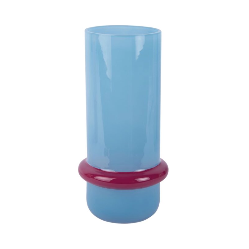 Vaso in vetro azzurro con anello viola Present Time: elegante. Soffiato, robusto e versatile; valorizza fiori e ambienti. Ordina ora per rinnovare lo spazio
