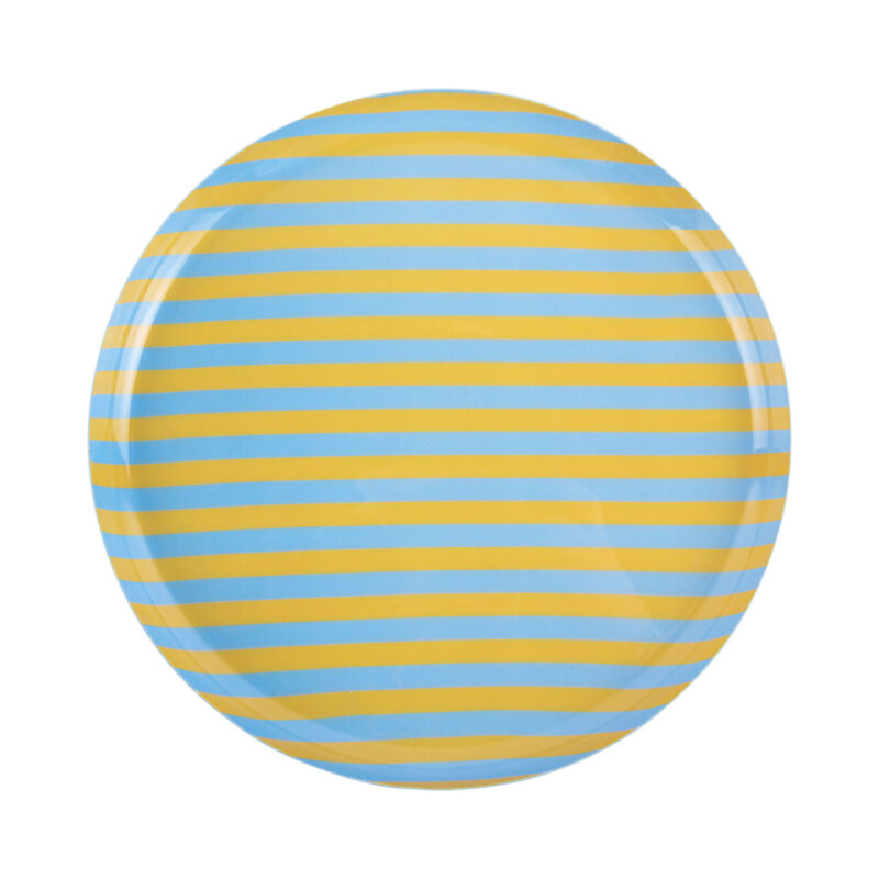 Vassoio rotondo a righe azzurro e giallo Present Time: moderno, luminoso e decorativo. Perfetto per servire o valorizzare la casa con un tocco di colore.