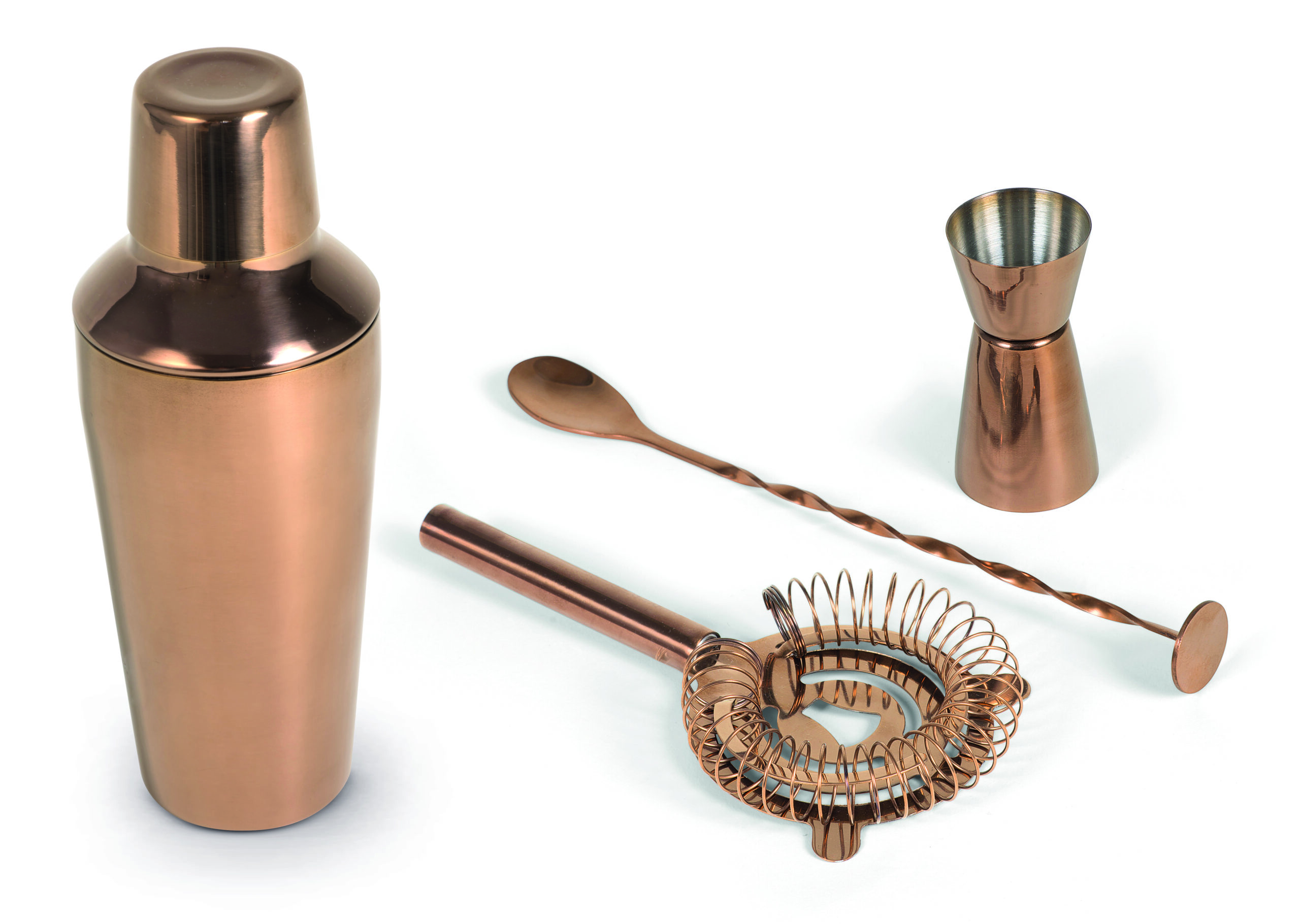 Set cocktail WD Lifestyle in acciaio inox rose gold con shaker, jigger, strainer e cucchiaio. Elegante e completo. Acquista su Savino Arte e Design!