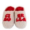 Pantofole morbide WD Lifestyle in effetto teddy panna con ricamo "Ciao Bella" rosso. Calde, simpatiche e avvolgenti. Acquista su Savino Arte e Design!