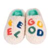 Pantofole morbide WD Lifestyle in effetto teddy panna con ricamo multicolore "Feel Good". Calde e contagiose. Acquista su Savino Arte e Design!