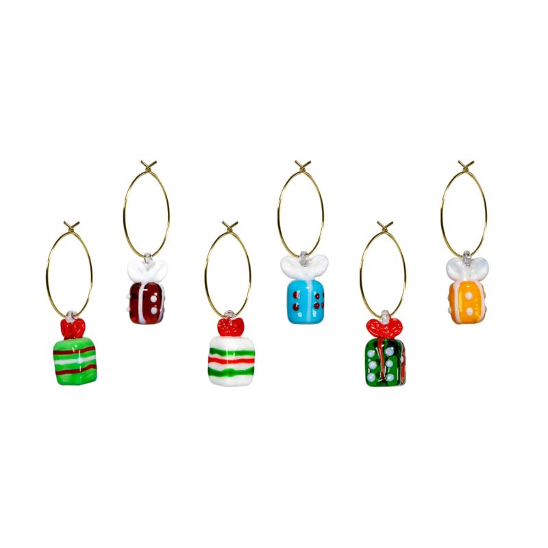 Set 6 segnaposto natalizi WD Lifestyle in vetro borosilicato lavorato a mano. Anello dorato e soggetti pacchetto regalo. Acquista su Savino Arte e Design!