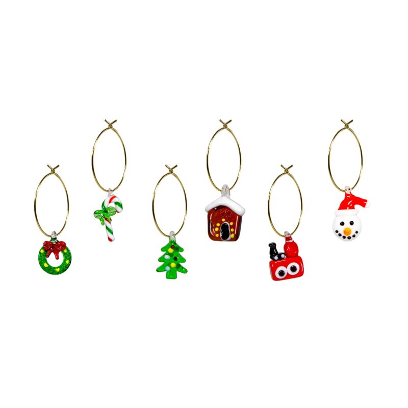 Set 6 segnaposto natalizi WD Lifestyle in vetro borosilicato lavorato a mano. Anello dorato e soggetti iconici delle feste.