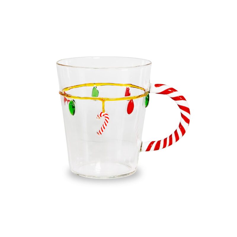 Tazza mug in vetro borosilicato Lucine di Natale WD Lifestyle 425 ML. Dettagli fatti a mano e manico bastoncino di zucchero. Acquista su Savino Arte e Design!