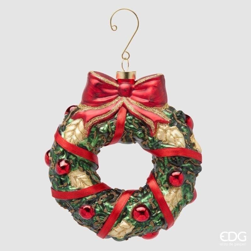 Pallina di Natale a forma di ghirlanda EDG altezza 15 cm in vetro soffiato con fiocco e bacche. Pregiato addobbo per l'albero.