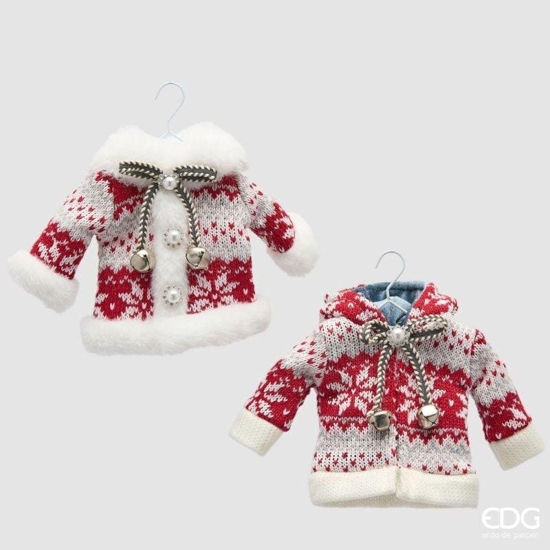 Pallina cappotto di Natale EDG altezza 17 cm in maglia jacquard con pelliccia e campanelli. Originale addobbo per l'albero.