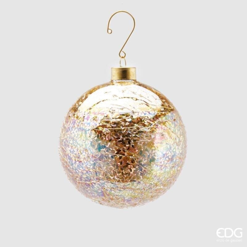 Pallina di Natale in vetro microfoglie EDG diametro 10 cm. Raffinata sfera con dettagli dorati e riflessi iridescenti. Acquista su Savino Arte e Design!