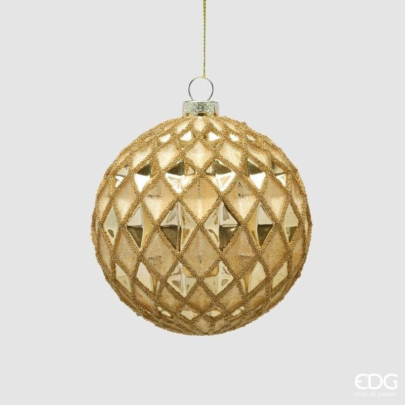 Pallina di Natale in vetro a rombi oro EDG diametro 10 cm. Elegante sfera decorativa con rilievi lucidi e glitter. Acquista su Savino Arte e Design!
