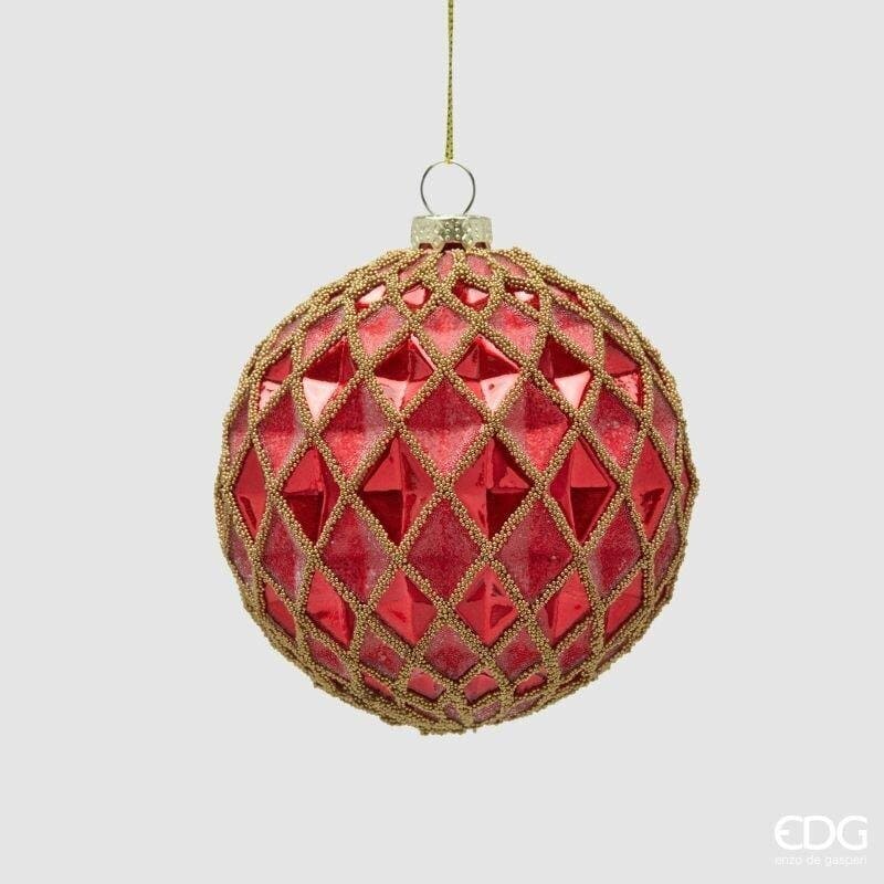 Pallina di Natale in vetro a rombi rossi EDG diametro 10 cm. Elegante sfera decorativa con rilievi lucidi e glitter. Acquista su Savino Arte e Design!