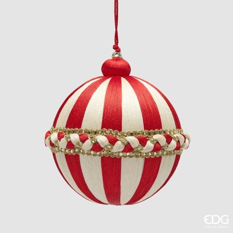 Pallina di Natale Treccia EDG 12 cm a strisce rosse e bianche con passamaneria oro. Elegante addobbo tessile. Acquista su Savino Arte e Design!