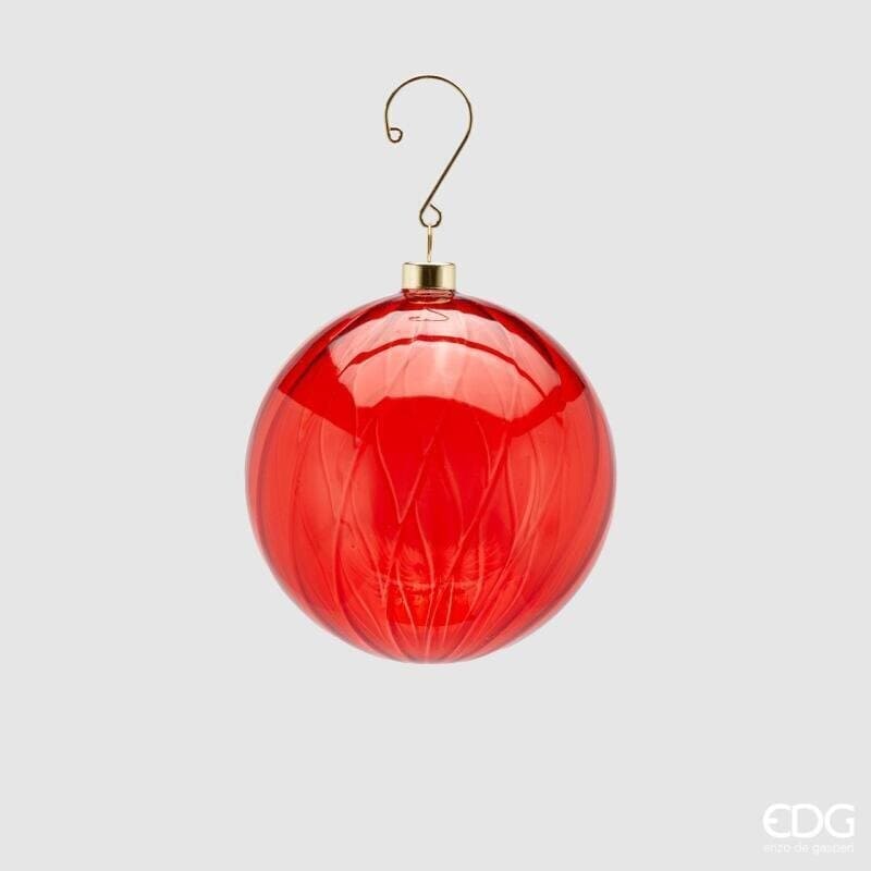 Pallina di Natale in vetro rosso effetto Vortex EDG diametro 8 cm. Elegante sfera con venature fluide e gancio oro. Acquista su Savino Arte e Design!