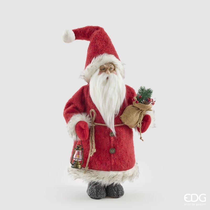 Babbo Natale con cappotto e lanterna EDG 60 cm. Statuetta natalizia da appoggio in panno rosso con sacco di iuta e occhialini. Savino Arte e Design!