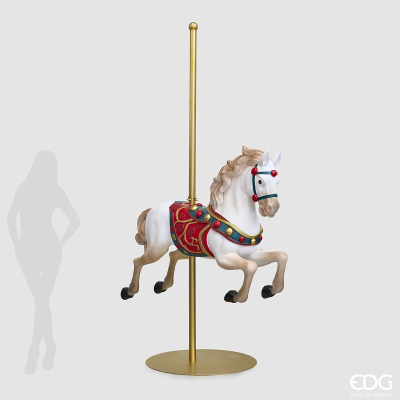 Base per albero di Natale EDG a forma di giostra carosello con cavallo bianco. Altezza 253 cm con asta dorata. Acquista su Savino Arte e Design!