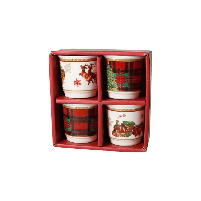 Brandani set 4 bicchierini Christmas in New Bone China con decori natalizi assortiti. Tazzine senza manico per caffè e liquori.