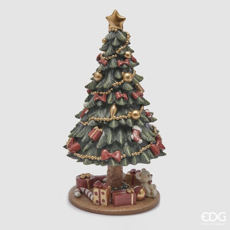 Carillon Albero di Natale EDG 23 cm. Scultura musicale decorativa in resina con stella dorata, fiocchi rossi e regali. Savino Arte e Design!