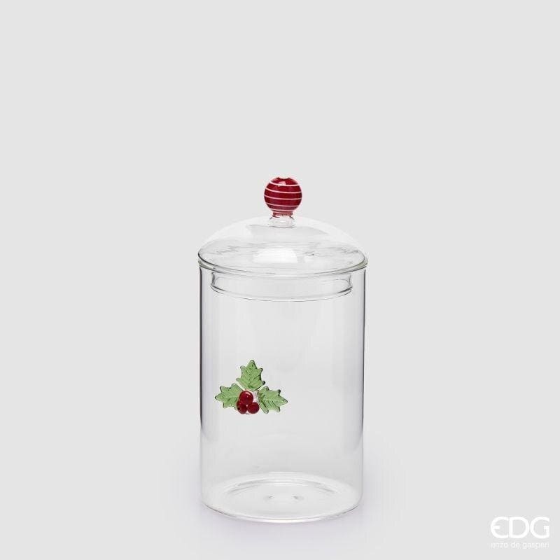 Barattolo in vetro natalizio con agrifoglio EDG misura 19,5x10 cm. Biscottiera raffinata con coperchio decorato. Acquista su Savino Arte e Design!