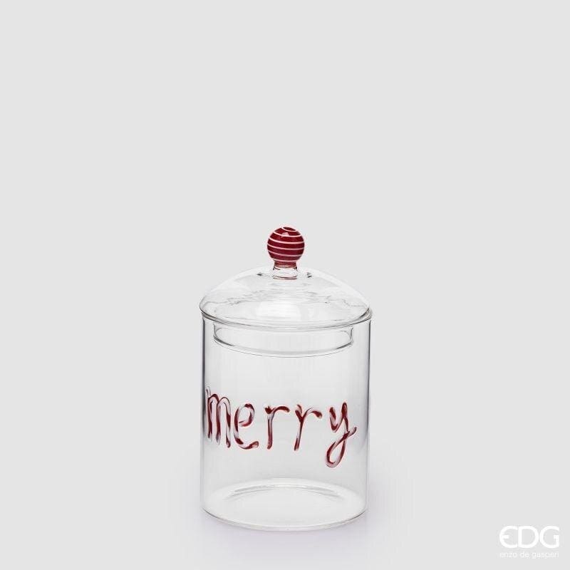 Barattolo in vetro natalizio con scritta Merry Christmas EDG misura 16,5x10 cm. Biscottiera elegante con coperchio decorato. Acquista su Savino Arte e Design!