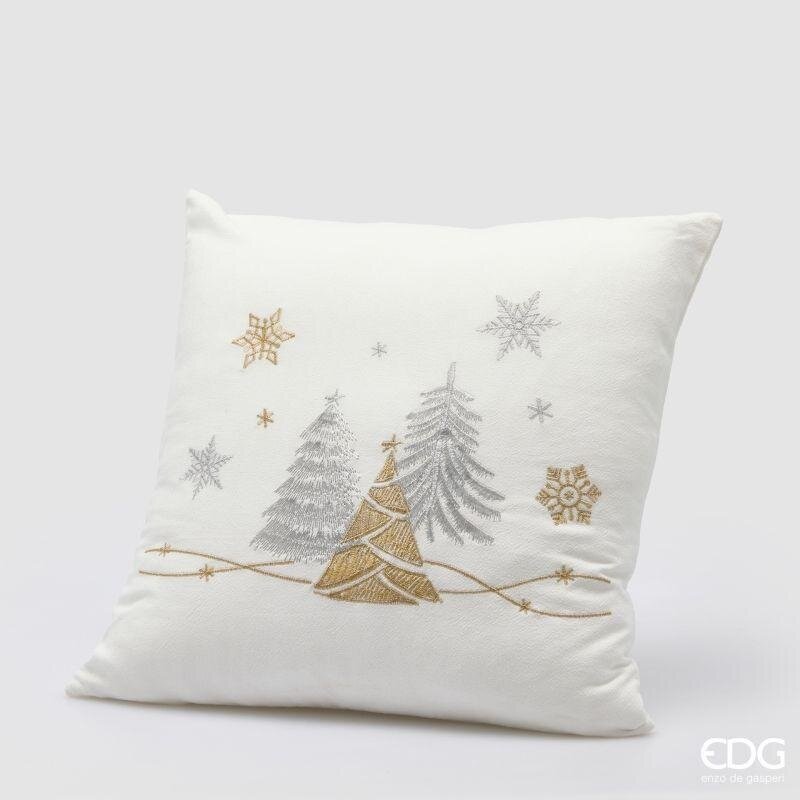 EDG Enzo De Gasperi Cuscino Alberi di Natale Quadrato 45x45 cm. Fodera panna con ricami di pini e fiocchi di neve in filo d'oro e d'argento.