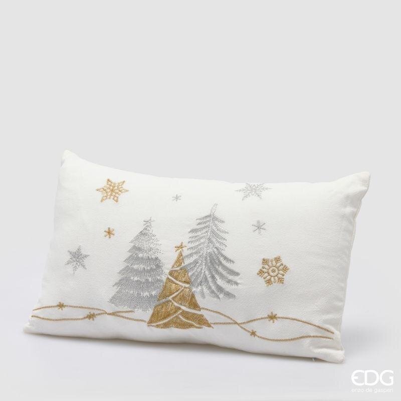 Cuscino Alberi di Natale EDG 30x50 cm. Tessile rettangolare panna con ricami luccicanti in filo d'oro e d'argento di pini e fiocchi di neve.
