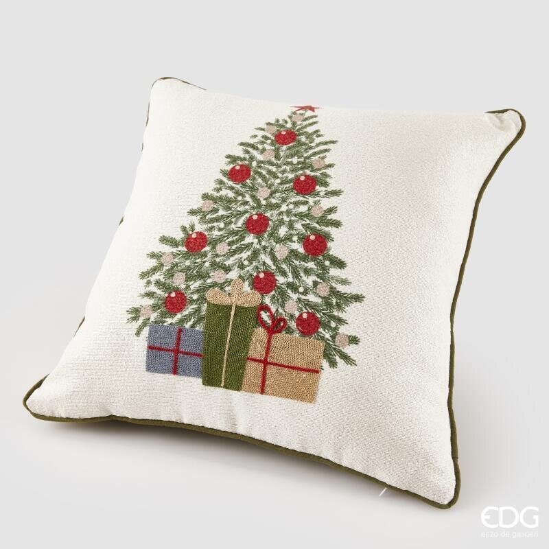 Cuscino Albero e Regali EDG 45x45 cm. Complemento d'arredo natalizio quadrato ricamato con palline rosse, pacchi dono e cordoncino verde. Savino Arte e Design!