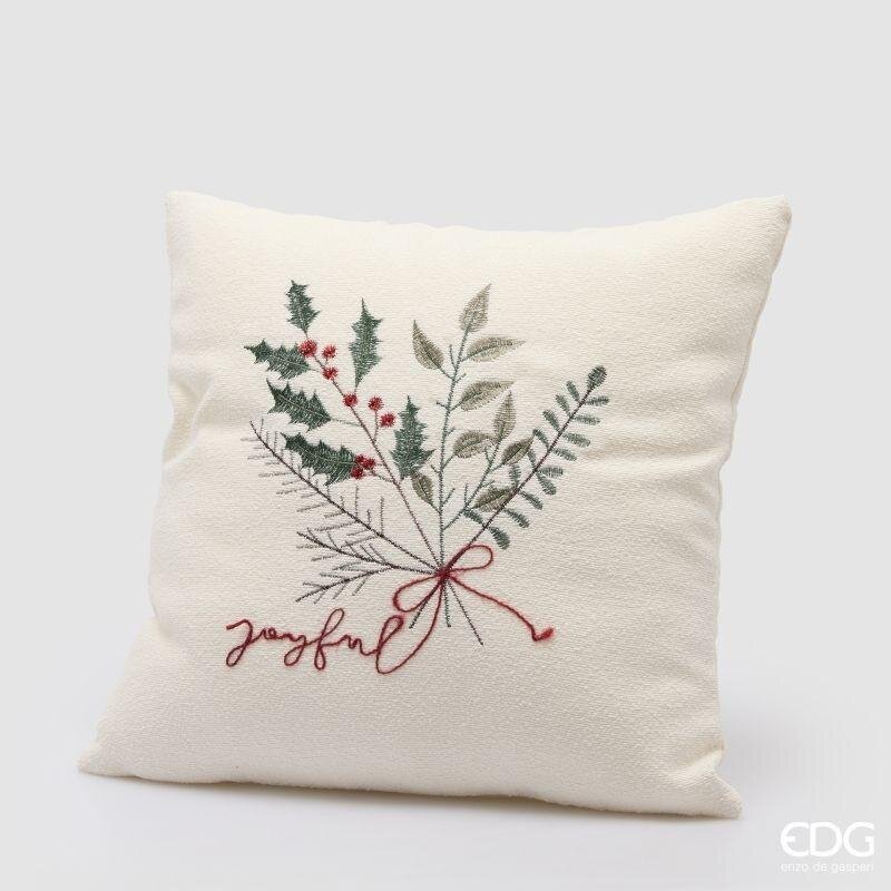 Cuscino Joyful Agrifoglio EDG 45x45 cm. Tessile natalizio quadrato ricamato con rami botanici, bacche e scritta Joyful in corsivo. Savino Arte e Design!