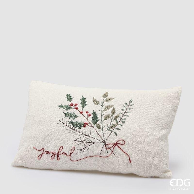 Cuscino Joyful Agrifoglio EDG 30x50 cm. Tessile natalizio rettangolare ricamato con rami botanici, bacche ed il nastro con la scritta Joyful. Savino Arte e Design!