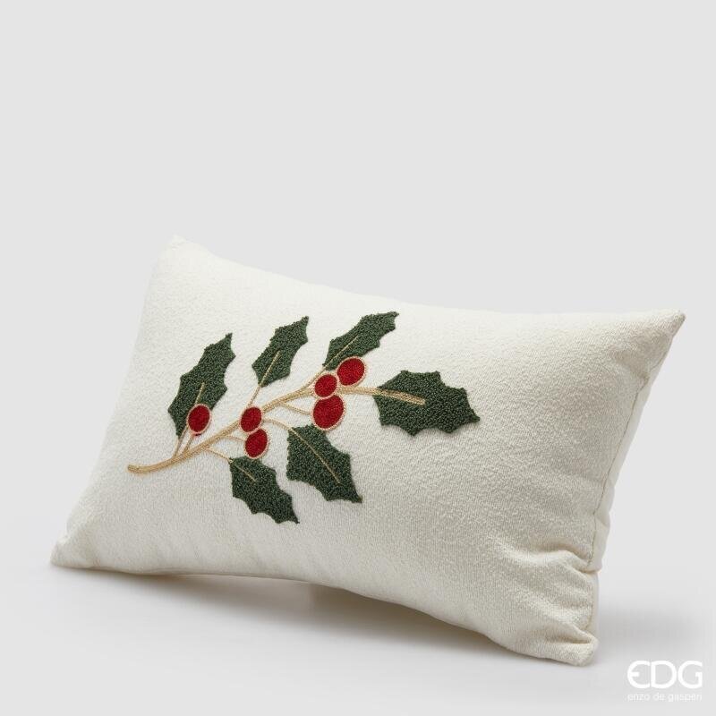 EDG Enzo De Gasperi Cuscino Agrifoglio Rettangolare 30x50 cm. Fodera panna con rametto di agrifoglio e bacche rosse ricamate a rilievo.