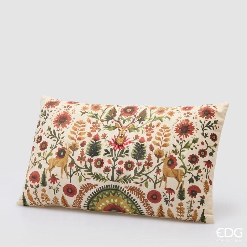Cuscino Bosco EDG 30x50 cm. Tessile rettangolare panna chiaro con motivi floreali, cervo ricamato e dettagli folk. Savino Arte e Design!