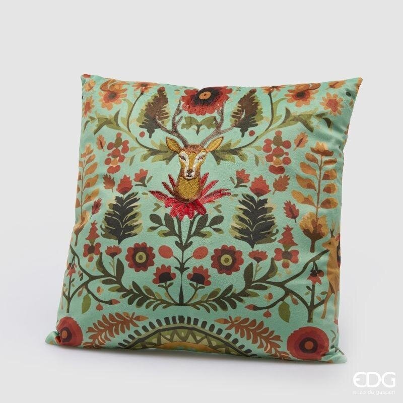 Cuscino Bosco Incantato EDG 45x45 cm. Tessile quadrato verde salvia con motivo folk ricamato, cervo e dettagli botanici. Savino Arte e Design!