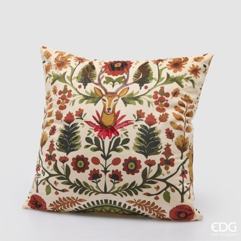 EDG Enzo De Gasperi Cuscino Bosco con Cervo Panna 45x45 cm. Tessile quadrato con motivo folk ricamato, cervo e ricchi dettagli botanici.