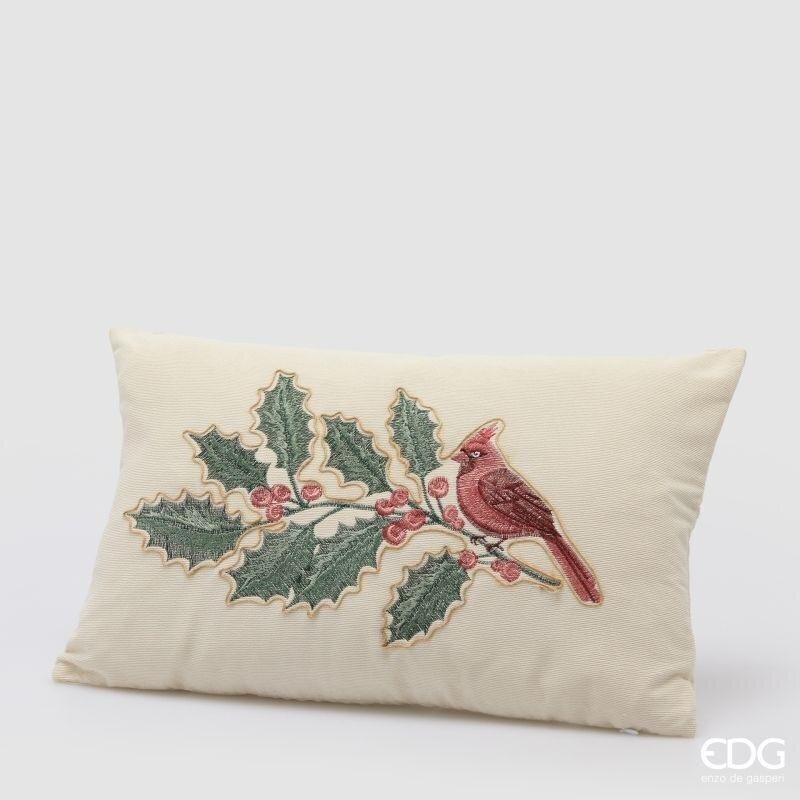 EDG Enzo De Gasperi Cuscino Cardinale e Agrifoglio Rettangolare 30x50 cm. Fodera panna con ricamo di uccellino cardinale e ramo d'agrifoglio con bacche.